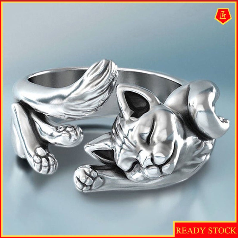 [Ready Stock]925 Retro Silver Black Cat Totem Ring Fashion Personality