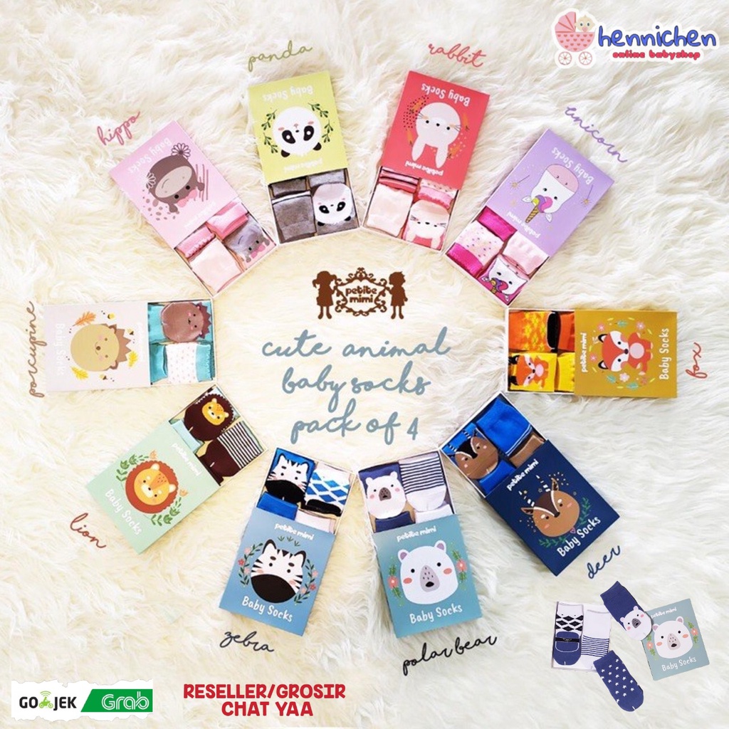 PROMO 4 Psg Petite Mimi Kaos Kaki bayi kaos kaki anak Cute Animal Socks dengan Anti Slip 0-12 Bulan Isi 4 Pasang