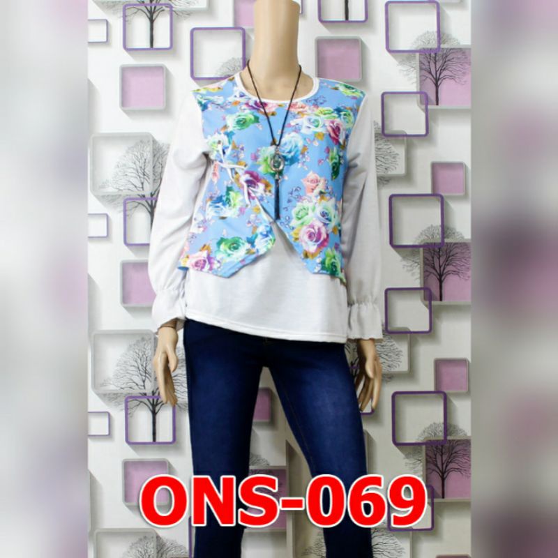 Blouse Korea Motif Bunga Atasan Wanita Size L ONS069