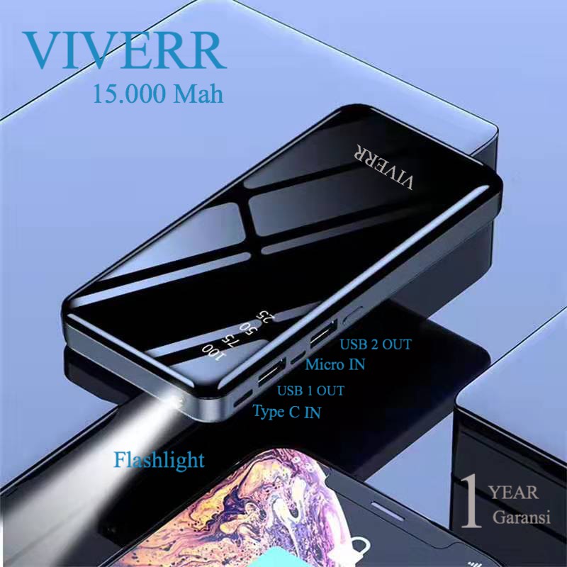 Powerbank Viverr U1 15.000 Mah LED lampu Resmi 1Tahun Small Power Bank Dual Output Murah Berkualitas