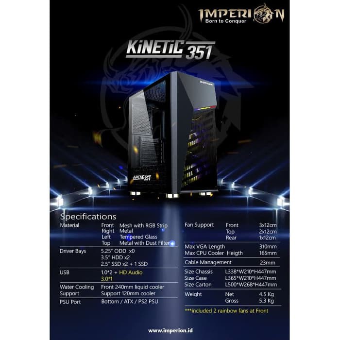 Pc case gaming Imperion Atx tempered glass led strip usb-A 3.0 2.0 audio free 2 fan 120mm Kinetic 351 - Casing cpu Komputer