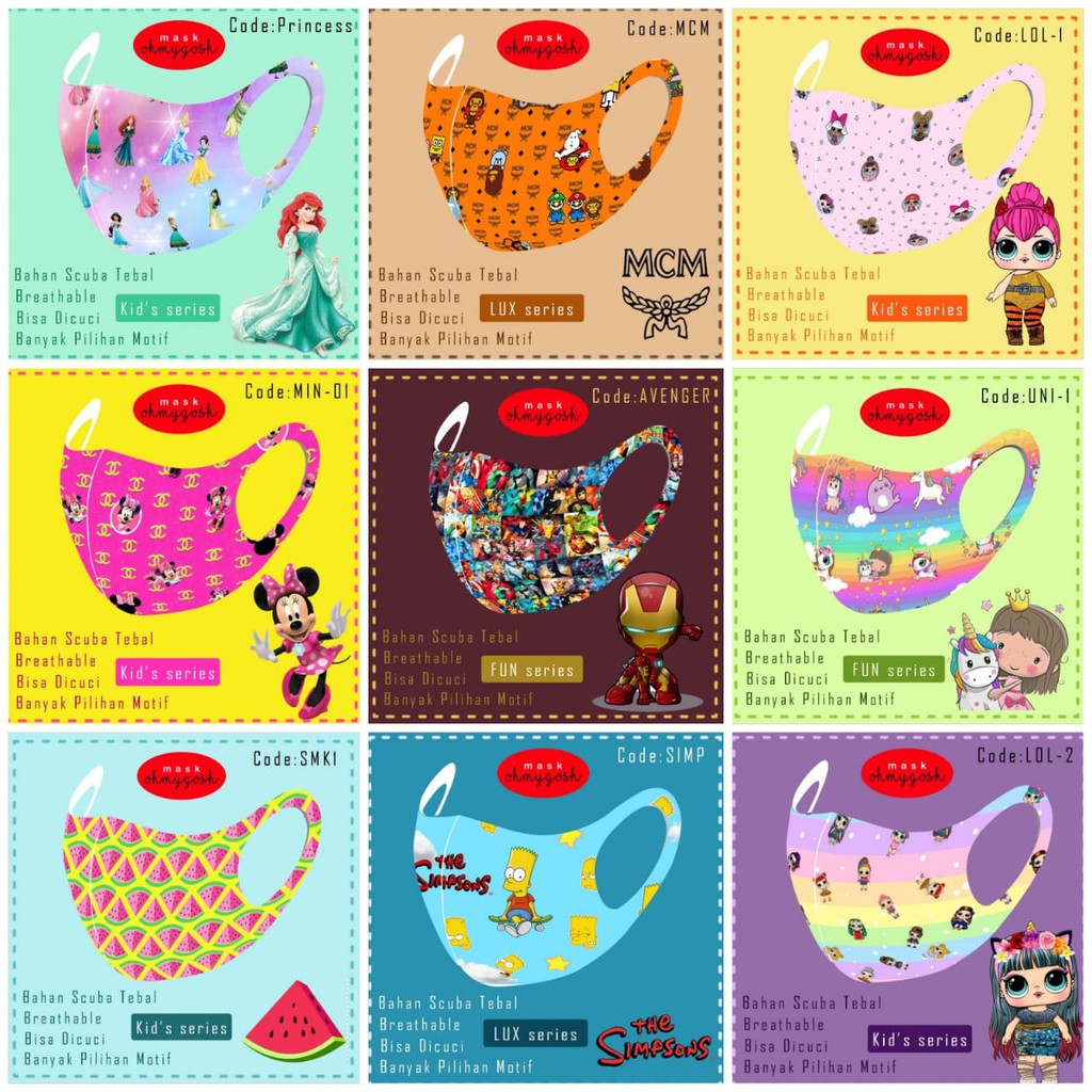 Masker Scuba Motif / Masker Kain / Masker bisa dicuci / Masker Motif Lucu / Masker Cute