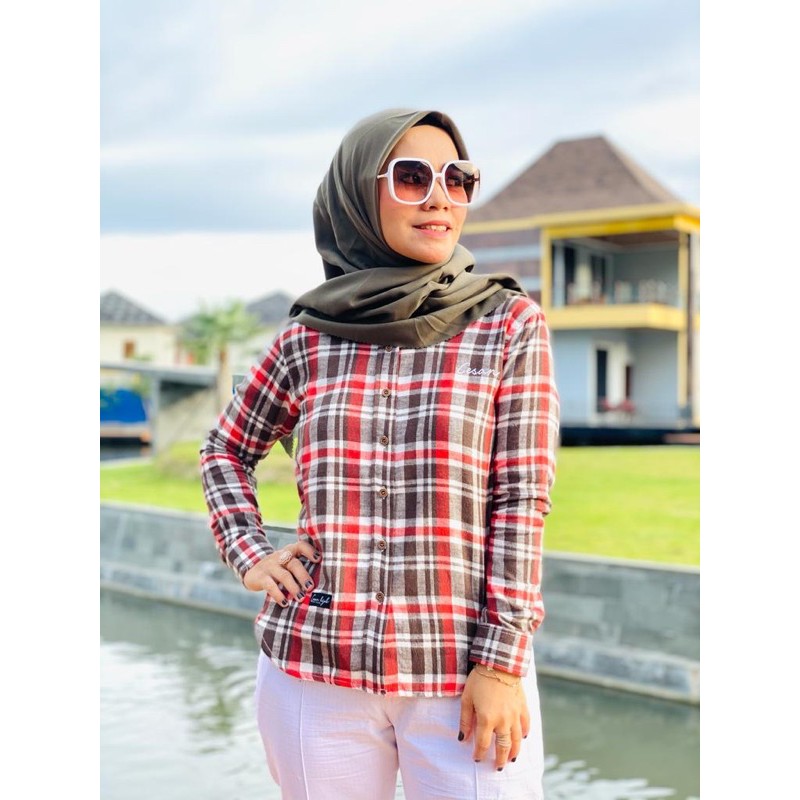Kemeja Flanel blend orange by cesan hijab