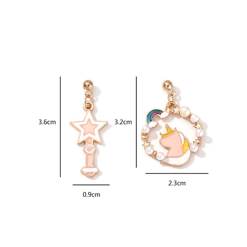 LRC Anting Tusuk Fashion Pink Unicorn Pentagram Pearl Rainbow Drop Oil Stud Earrings K01106