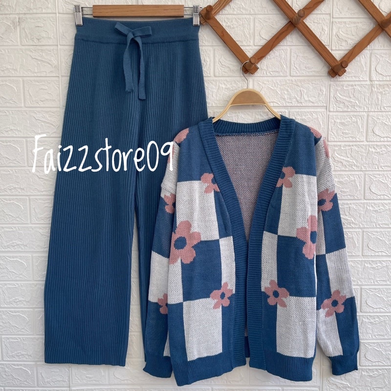 One Set Zafara Cardigan Rajut OVERSIZE Wanita Motif Kotak Bunga / Atasan Rajut Premium Wanita  Murah