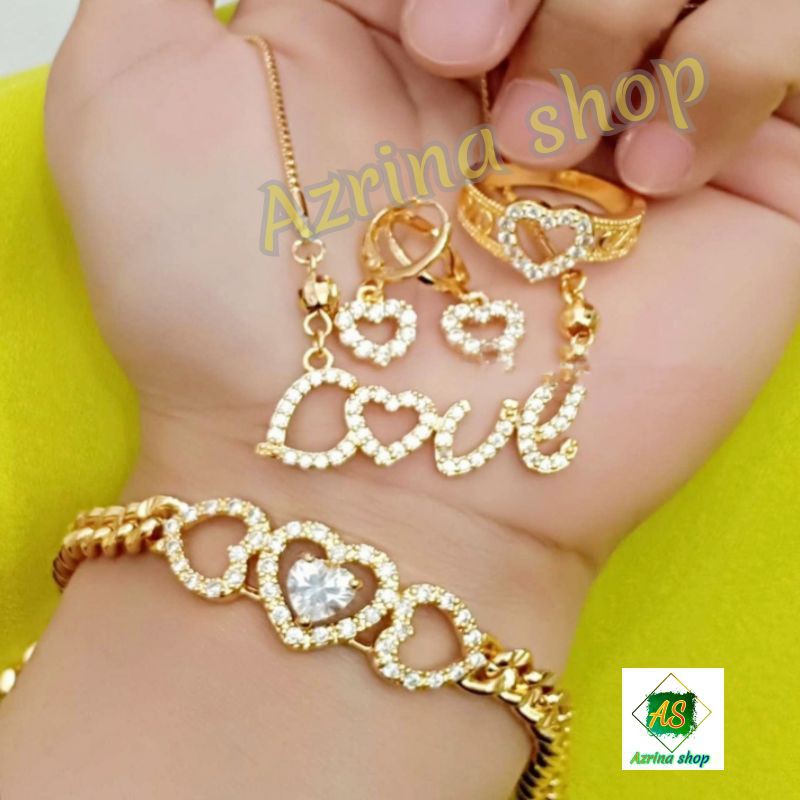 perhiasan 1 set wanita LOVE D, Anti luntur anti karat/ Asesoris wanita 1set Kalung,gelang cincin,ant