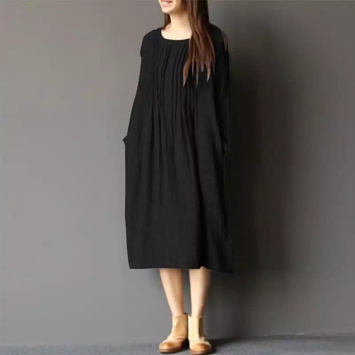 dress longgar wanita Dress Midi Lengan Panjang Model Longgar Casual
