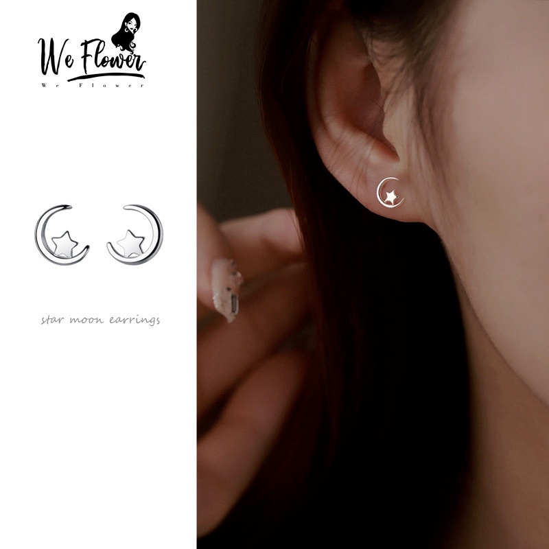 We Flower Anting Stud Desain Bulan Bintang Bahan s925 Silver Gaya Korea Untuk Wanita