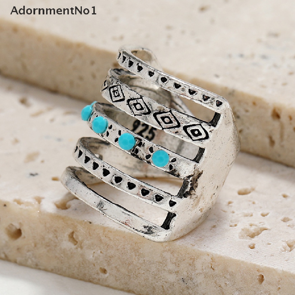 (AdornmentNo1) Cincin Silver Multilayer Gaya Bohemian Aksen Hollow + Turquoise Untuk Perhiasan Pria / Wanita