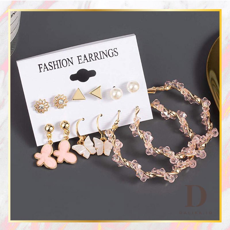 Anting Set Tusuk Korea 6 Pasang Kupu-Kupu Hoop Lingkaran Warna Pink Wanita Dalika