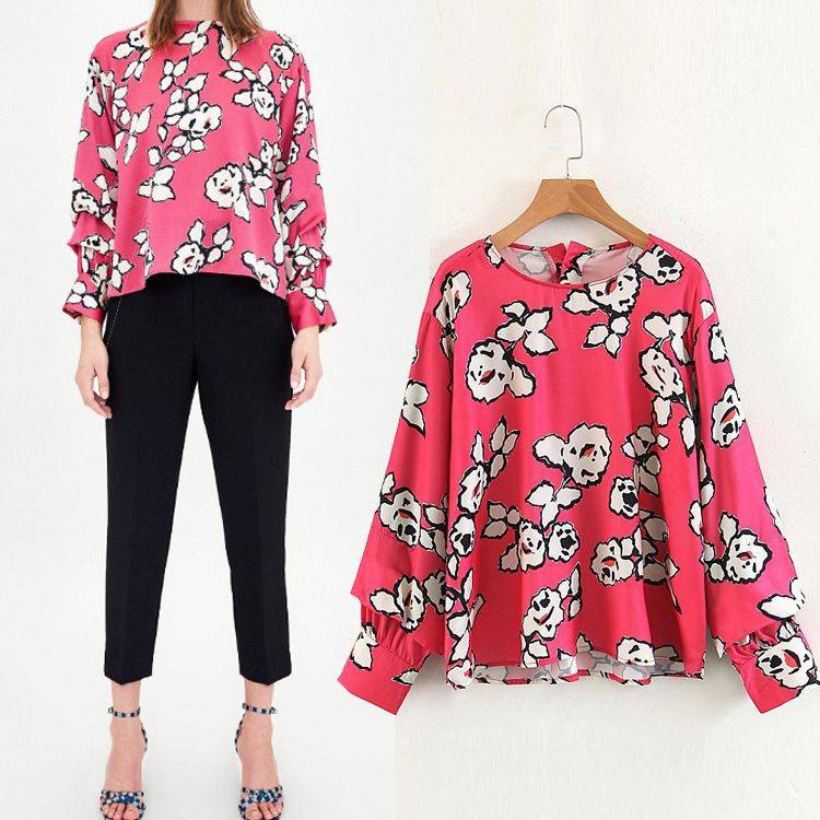 Blus Motif Bunga Lengan Panjang Import - 46515 Red Flower Graffiti Blouse