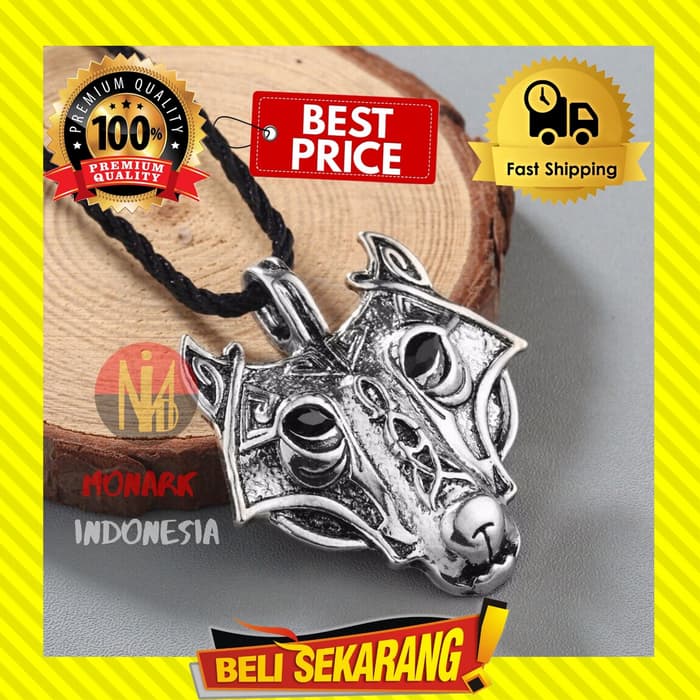 KALUNG PRIA SERIGALA BERUANG TITANIUM MATA BATU BLACK ONYX JADE K11