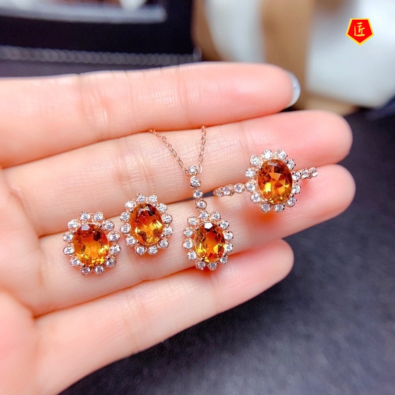 [Ready Stock]Natural Citrine Necklace Set Rings Stud Earrings