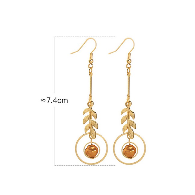 LRC Anting Gantung Fashion Gold Synthetic Pearl Leaf Earrings D03317