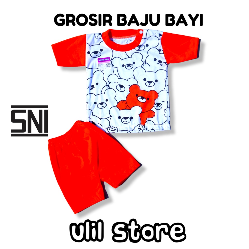 Setelan Baju Pendek SNI Seruni Baby Baju Bayi Kancing Pundak Usia 3-15 Bulan Motif Doodle Bear