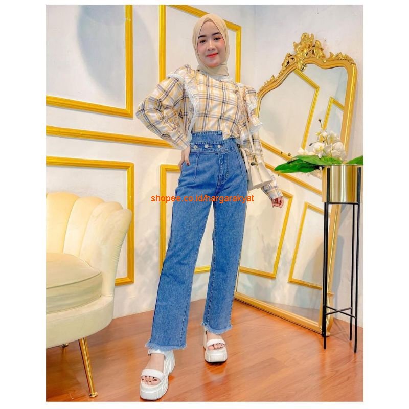 LENIA Celana HW Highwaist Jeans Kancing 3 || outfit OOTD Jeans Wanita