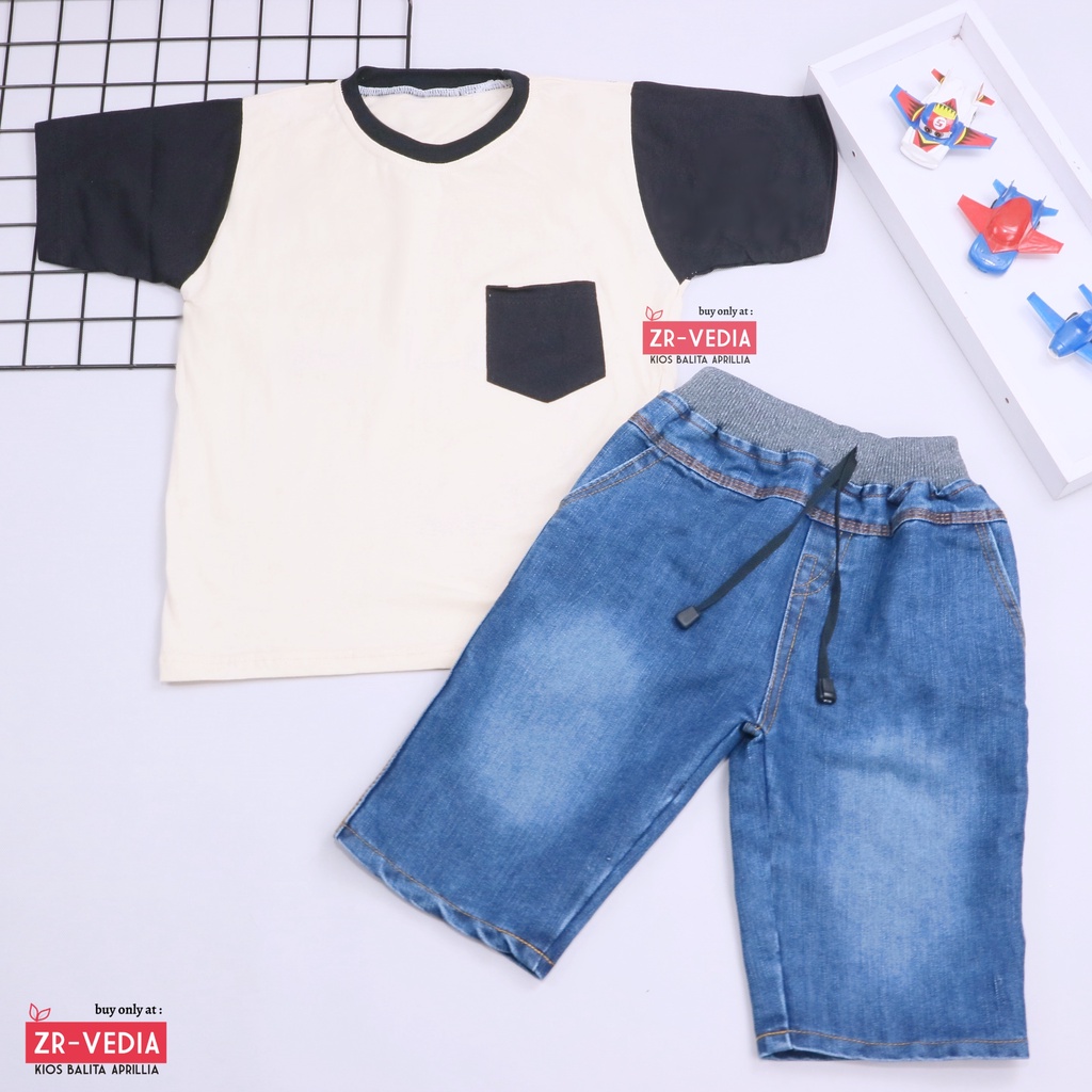 Setelan John Ethes uk 1-6 Tahun / Set Lengan Pendek Anak Laki-Laki Celana Jeans Kantong Baju Oblong