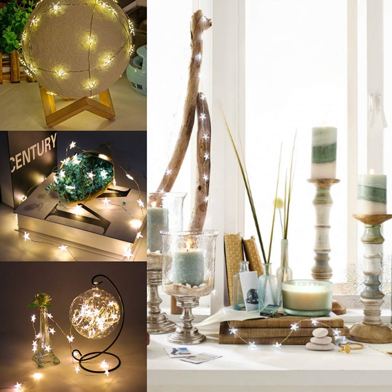 Lampu Tumblr Natal bentuk Bintang Warm White 3M 20LED Lampu Kawat Lampu String DKG Lampu Hias Dekorasi Bintang Pentagram Light Battery 20 LED - 2G11 Star String LED Decor Lights USB Operated Fairy Lights Copper Wire Light String Xmas Garland Home Party