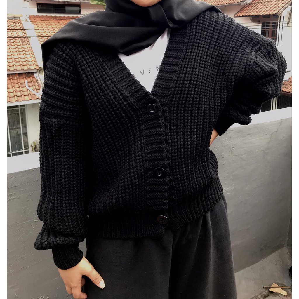 Shila Cardigan Rajut Premium / Cardigan Oversize / Cardigan Crop Wanita / Cardi Rajut-Black