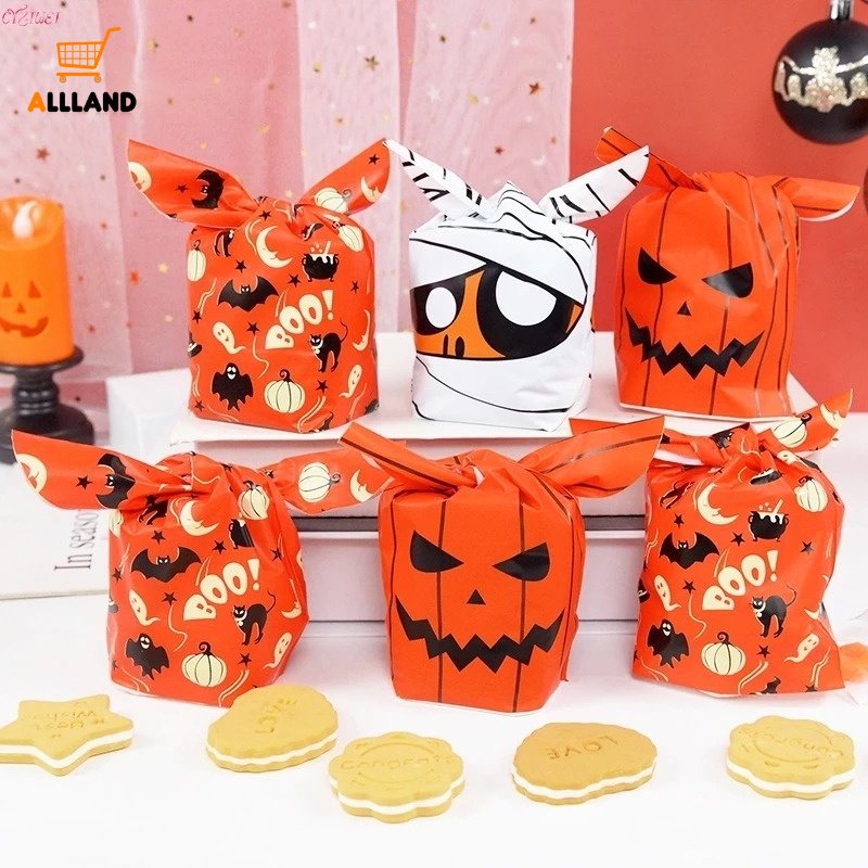 50 Pcs Tas Kemasan Kue Biskuit Permen Roti Motif Kartun Labu Hantu Telinga Kelinci Halloween