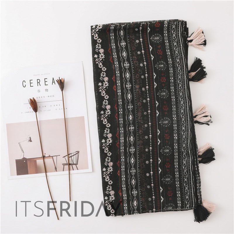 ITSFRIDAY AZURA Scarf  - Premium Pashmina Shawl Selendang Syal Pasmina Hijab Import Motif Oat Black Tassel