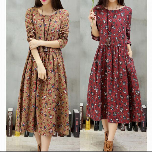 Dress Wanita 2016 Autumn New Plus Size M-3XL Women Flowers Cotton Linen Dress Long Sleeve Vintage