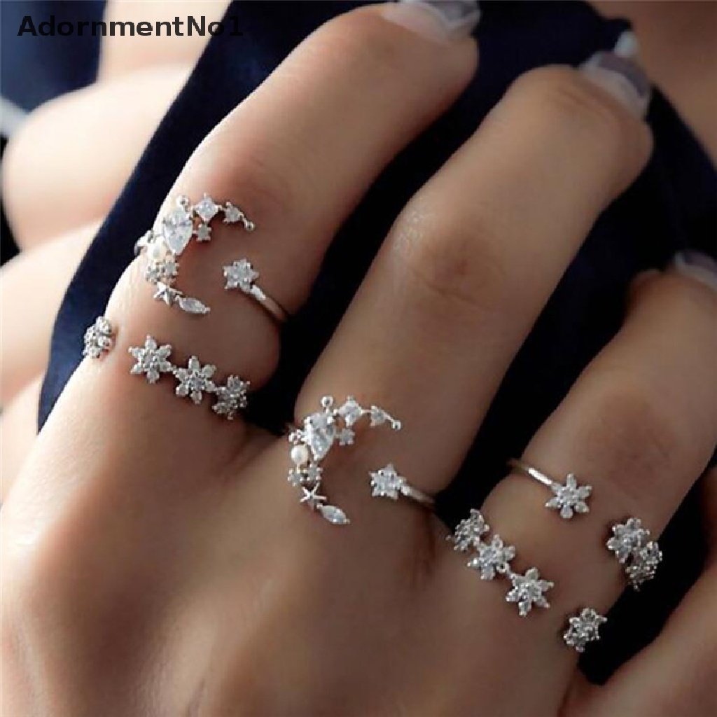 (AdornmentNo1) 5pcs / Set Cincin Vintage Gaya Boho Bentuk Bintang / Bunga / Kristal Silver Untuk Wanita