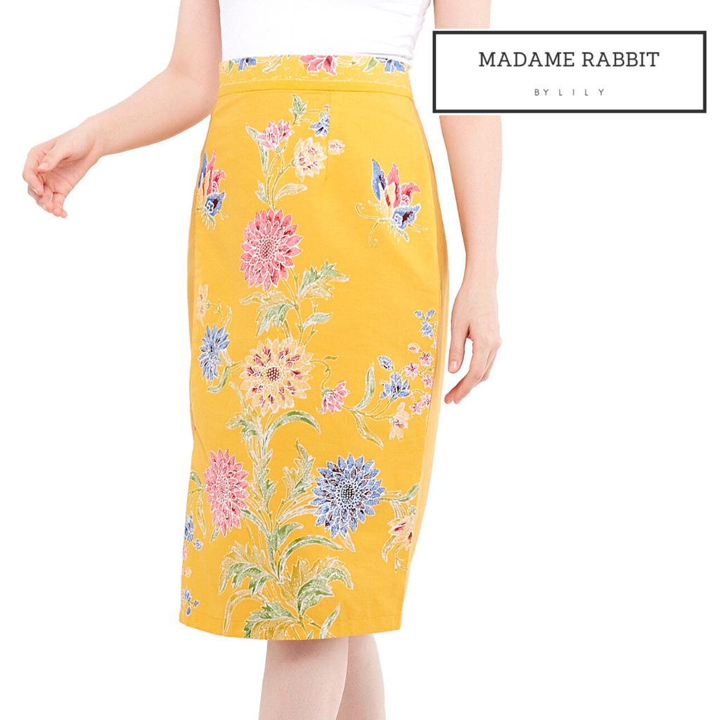 MADAME RABBIT - Rok Batik Kerja Madame Rabbit Warna Kuning Span Pendek Katun Rapi Motif Sun Flower-1
