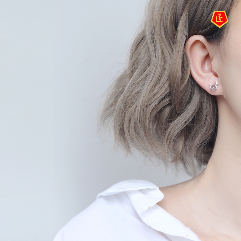 [Ready Stock]Simple Cute Deer Horn Moonstone Stud Earrings Women