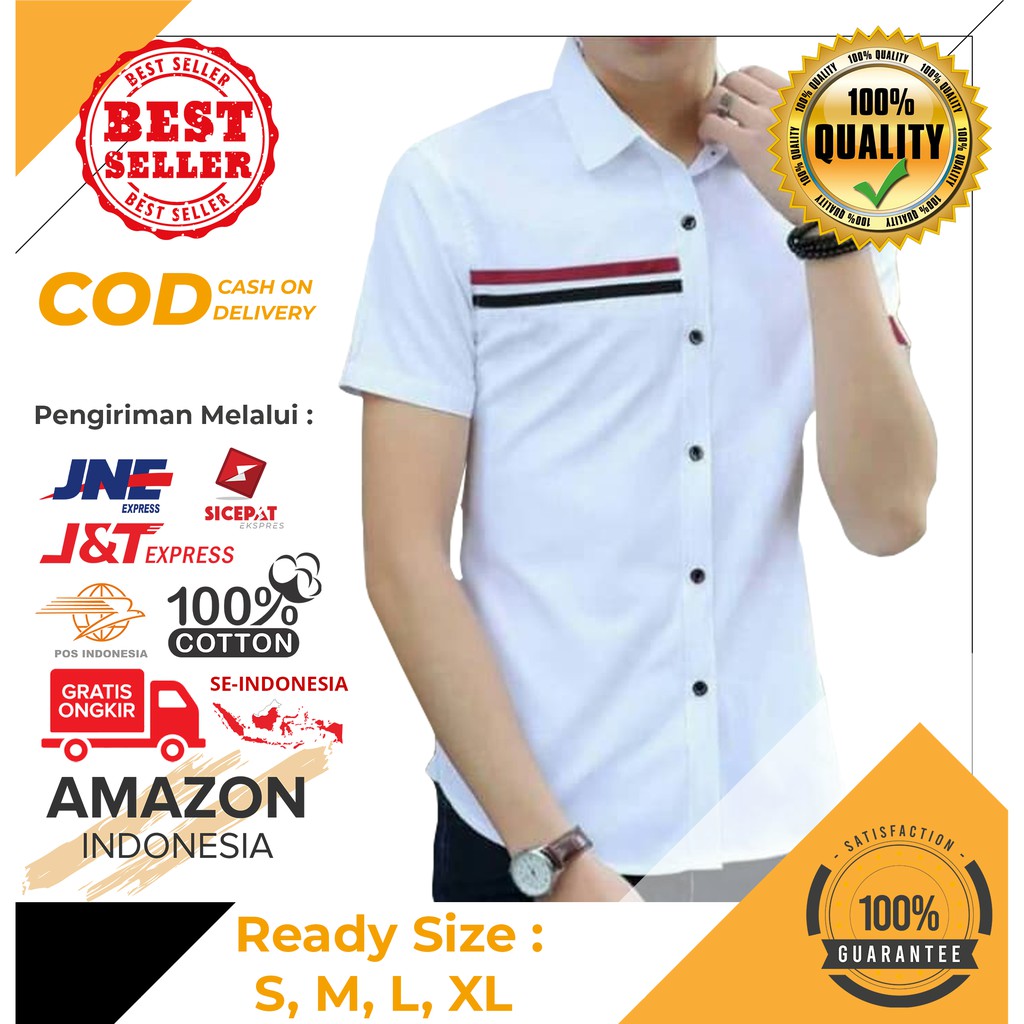 HEM KEMEJA ATASAN FASHION COWOK PRIA PUTIH WHITE KEKINIAN TRENDY KEREN BAHAN KATUN ASLI TEBAL DINGIN