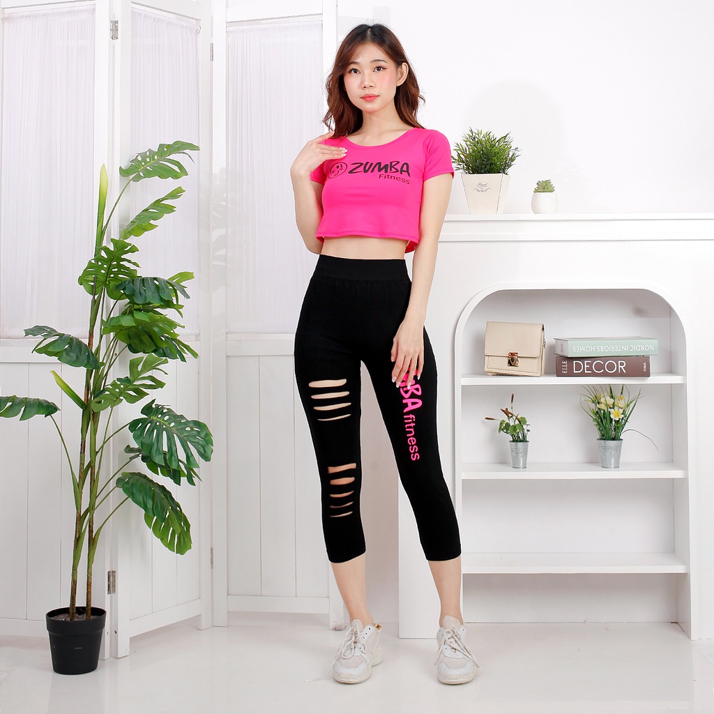 Stelan Baju Senam Set Zumba Fitness Sobek Fashion Dasar-Pink / Stelan Aerobic Gym (Atasan+Celana) / 