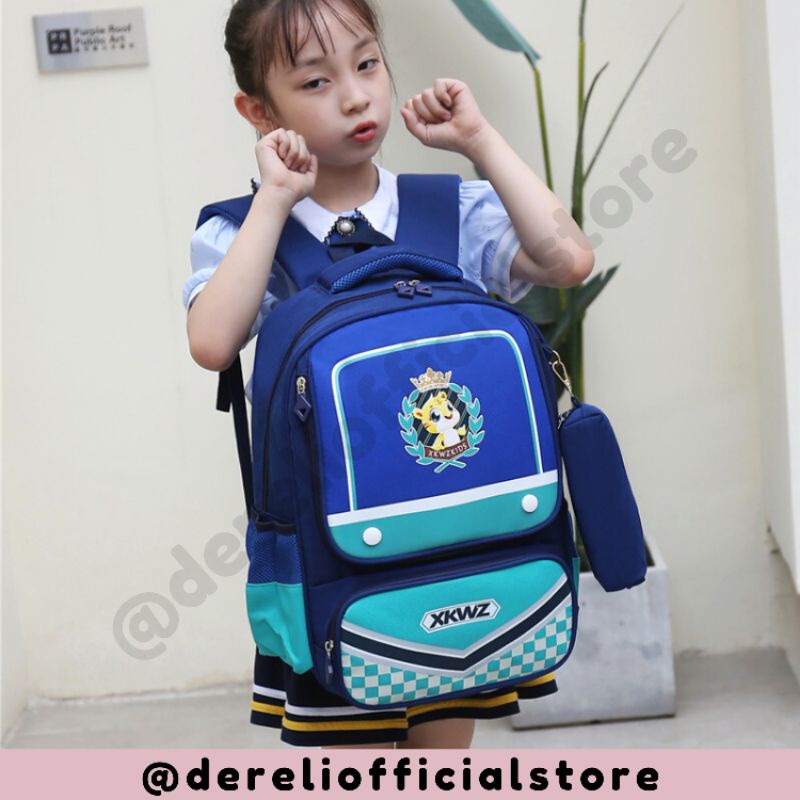 TAS KOREA ANAK - Ransel Anak SD - Tas Import - Tempat Pensil / Kotak Pensil -  Macan Kelinci Catur -