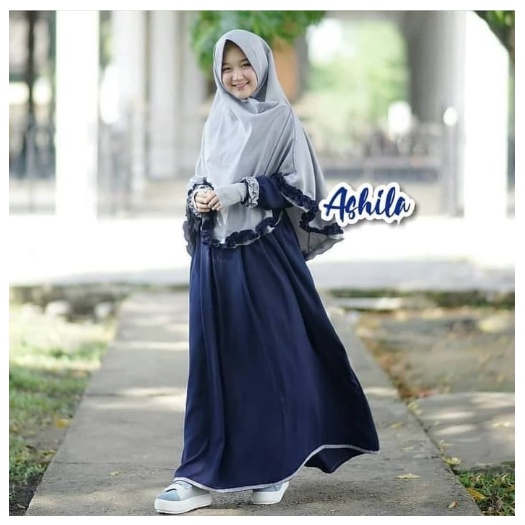 ASHILA SET SYARI - GAMIS DRESS MUSLIM Set Syari Polos Bahan Moscrepe - KJ