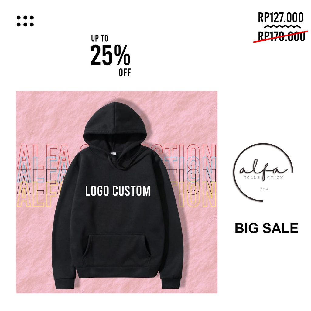 Jaket Hoodie LOGO CUSTOM Desain Sesuka Hati jacket non Zipper hitam pria wanita dewasa tee katun bab