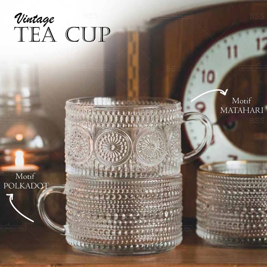 Gelas Cangkir Teh Kaca 400ml Tea Cup Motif Matahari Polkadot Timbul Vintage