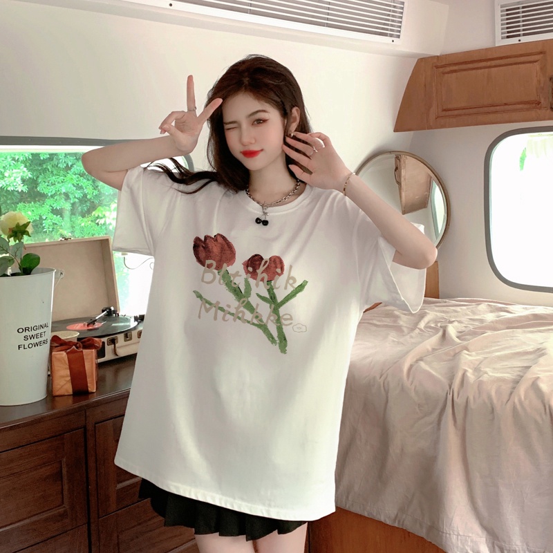 XIAOZHAINV Korean Style Tulip Pattern Printing Kaos Wanita A0005