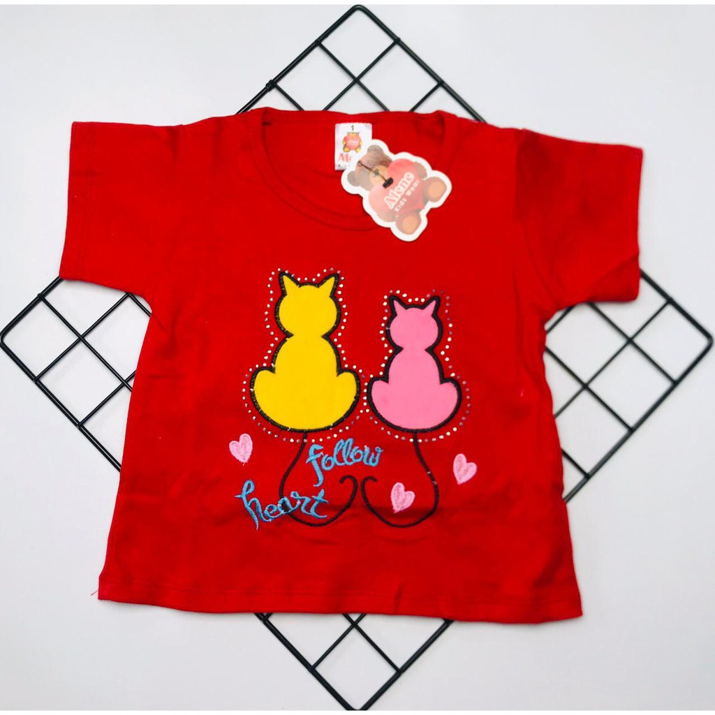 kaos atasan bordir anak perempuan kucing merah ukuran 1-9 tahun / baju kaos bordir anak perempuan