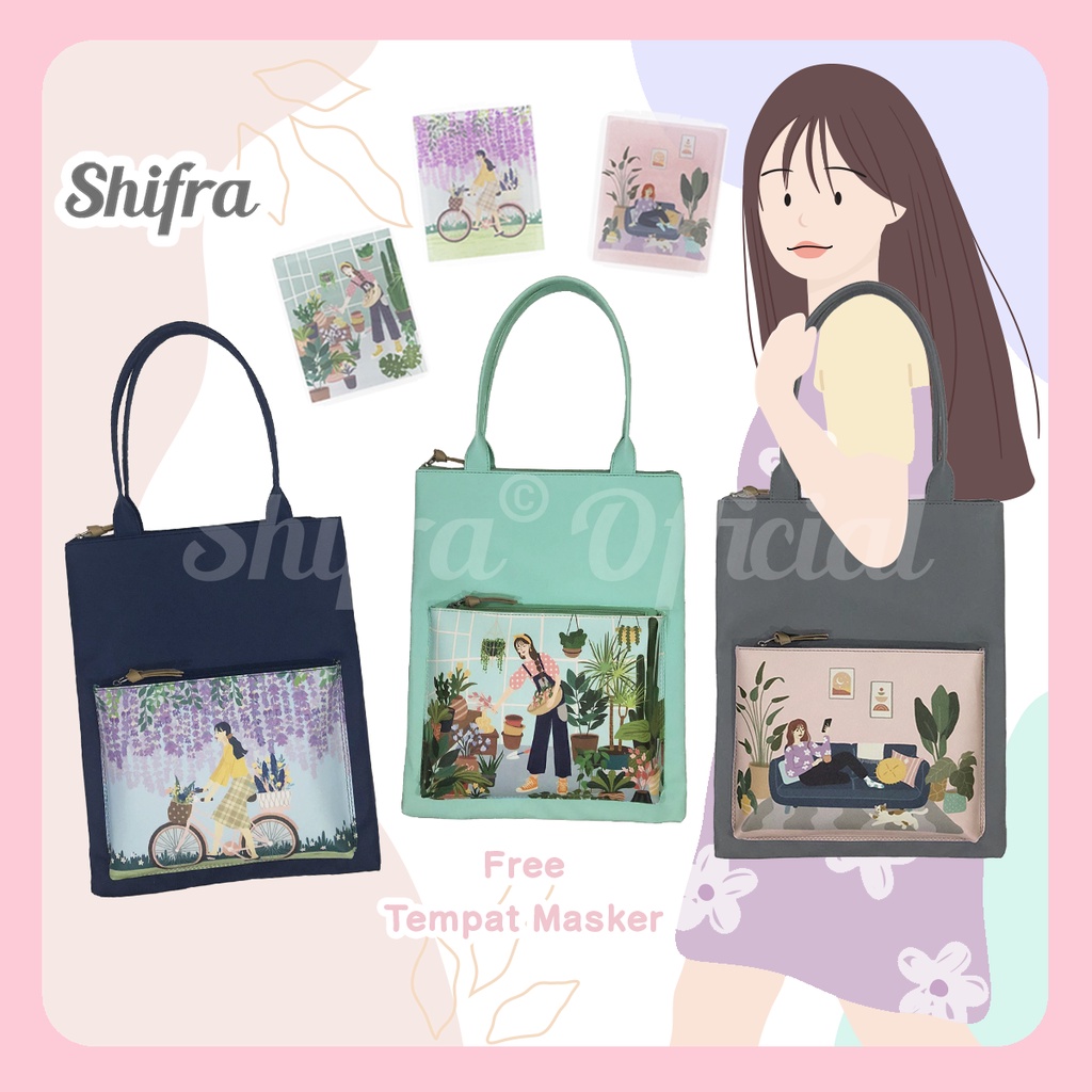 Shifra Tas Laptop Tali Pundak Kantong Depan Woman Grey Mint Navy (Free Pouch Masker)