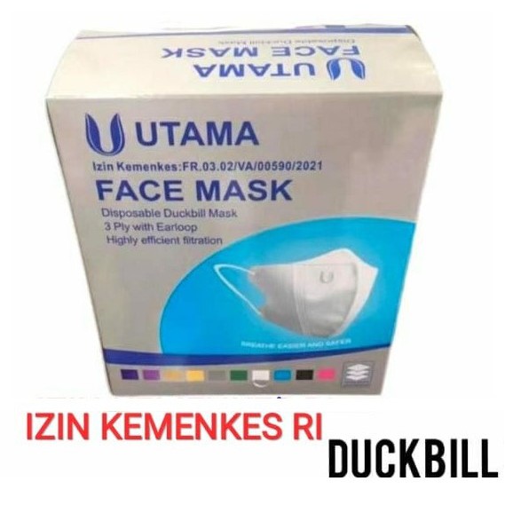 isi 50 Pcs/BOX Masker Duckbill Izin KEMENKES RI  Dewasa IMPORT Disposable Earloop mask Anti Virus