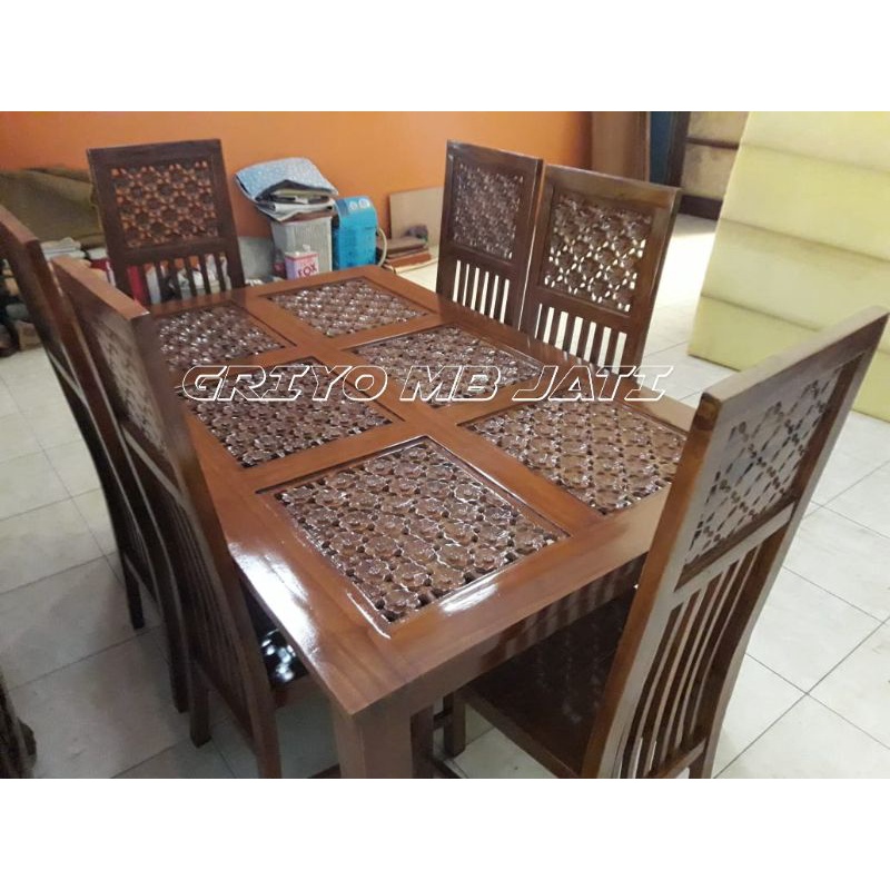 meja makan jati/meja makan minimalis ukiran jepara + kaca meja/kursi 6