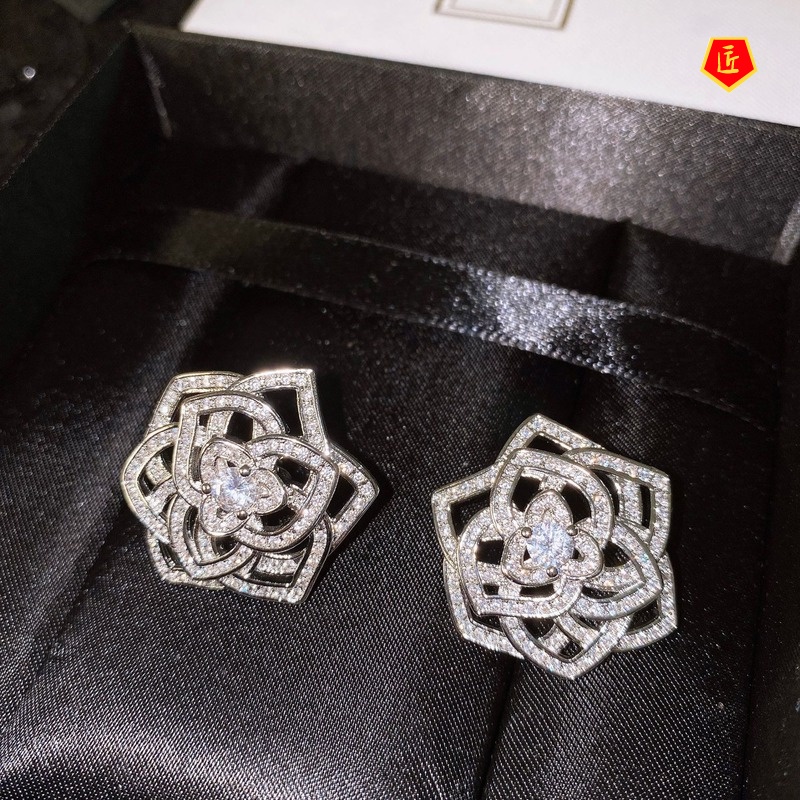 [Ready Stock]Hollow-out Exquisite Necklace Camellia Stud Earrings Ring Set