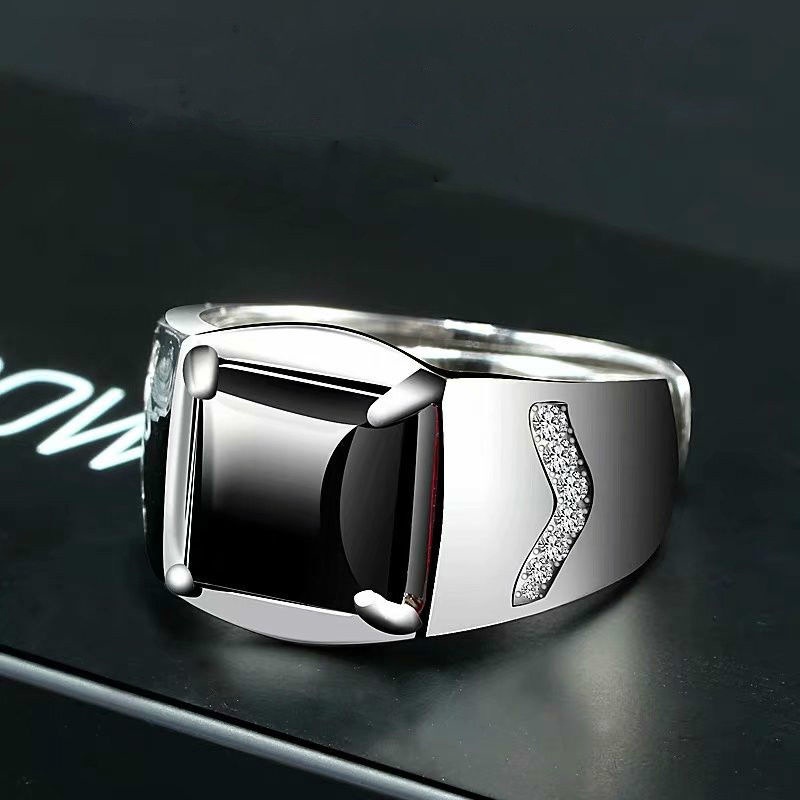 Cincin Batu Akik Onyx Hitam Imitasi Model Terbuka Dapat Disesuaikan Bentuk Persegi Gaya Vintage Punk Klasik Untuk Pria