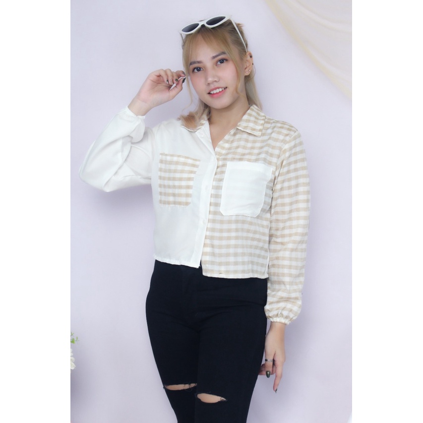 RX Fashion - Mika Crop Top Blouse // Shirt Top Tartan Two Tone // Kemeja Olive ( SPECIAL SALE - GRATIS ONGKIR )  - GA-PUTIH - KT 1CM COKSU
