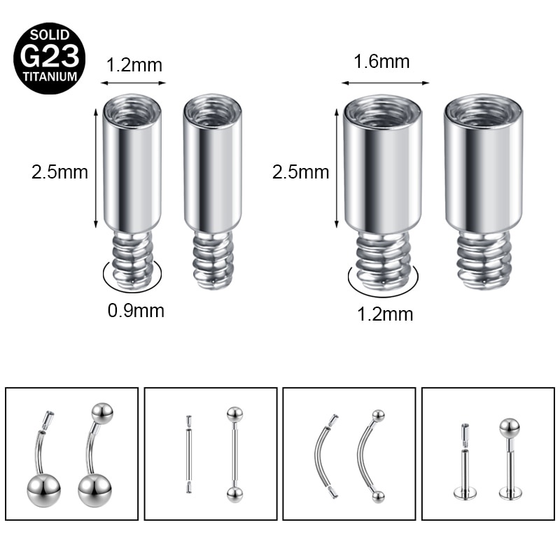 1-2pcs / lot G23 Batang Ekstensi Cincin Barbel Bahan Titanium 1.2 / 1.6mm Untuk Bibir Lidah Perut Puting