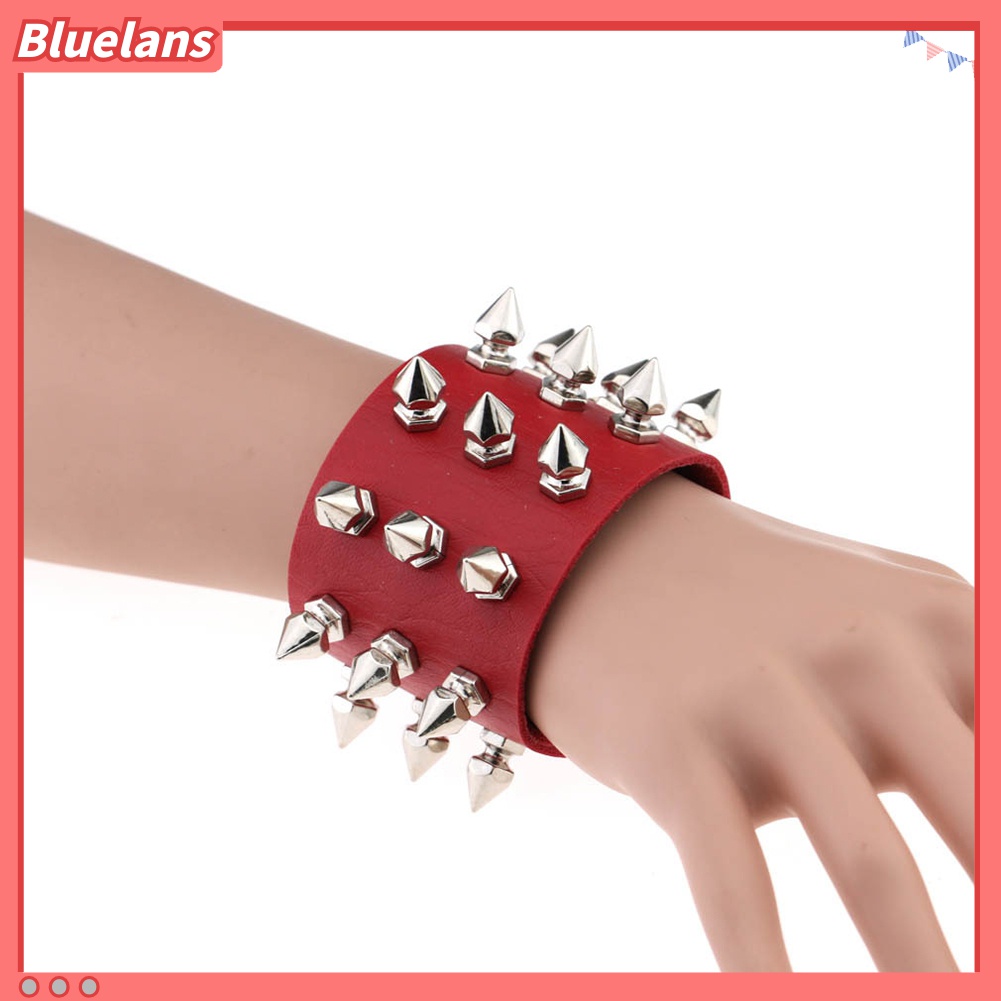 Bluelans Gelang Tangan Kulit Imitasi Aksen Rivet Kerucut Stainless Steel Gaya Punk Untuk Wanita
