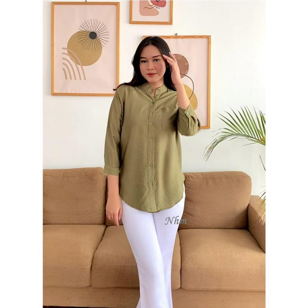 Kemeja Wanita Kerah Shanghai Lengan Panjang Polin Polos Banyak Warna