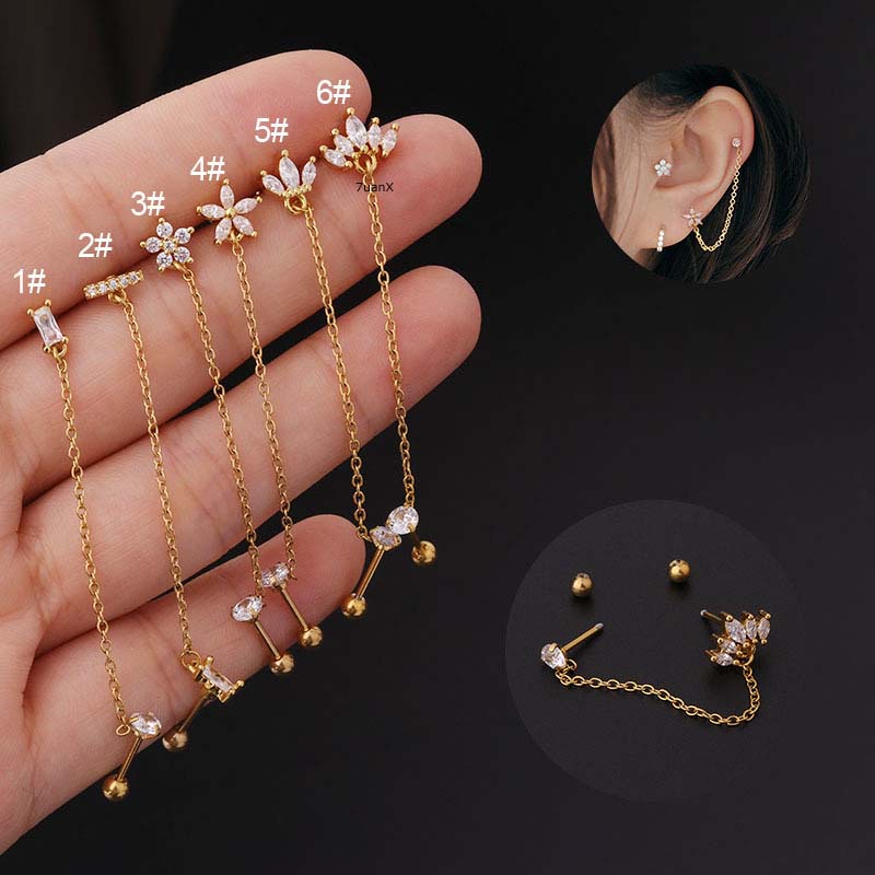 1 Piece Chain Earrings Stud Upper Lobe Helix Piercing Barbell Stainless Steel