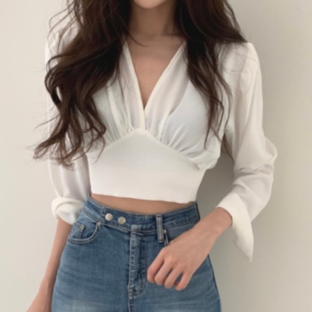 Korean Long Sleeve Crop Top Blouse Atasan Lengan Panjang 1296 (S - XL)