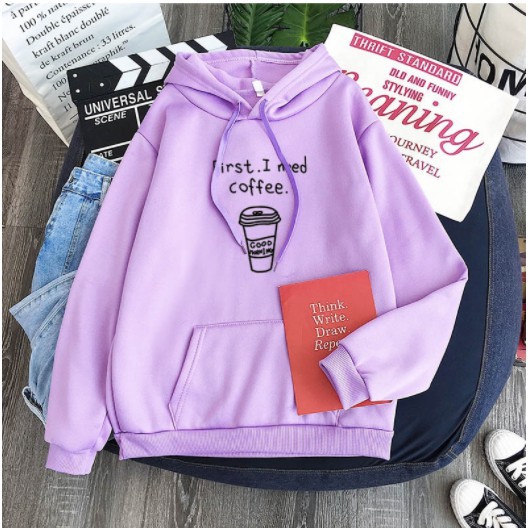 IvannaCollection Sweater Hoodie Wanita dan Pria Couple Pasangan First I Need Coffee Jaket Hodie Couple Bahan Fleece Premium