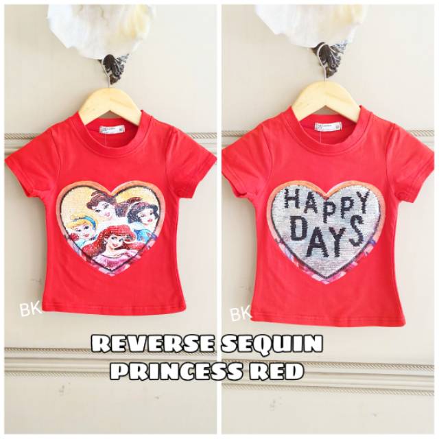 KAOS SEQUIN BERUBAH GAMBAR MOTIF PRINCESS AURORA BELLE CINDERELLA SNOW WHITE IMPORT BAGUS